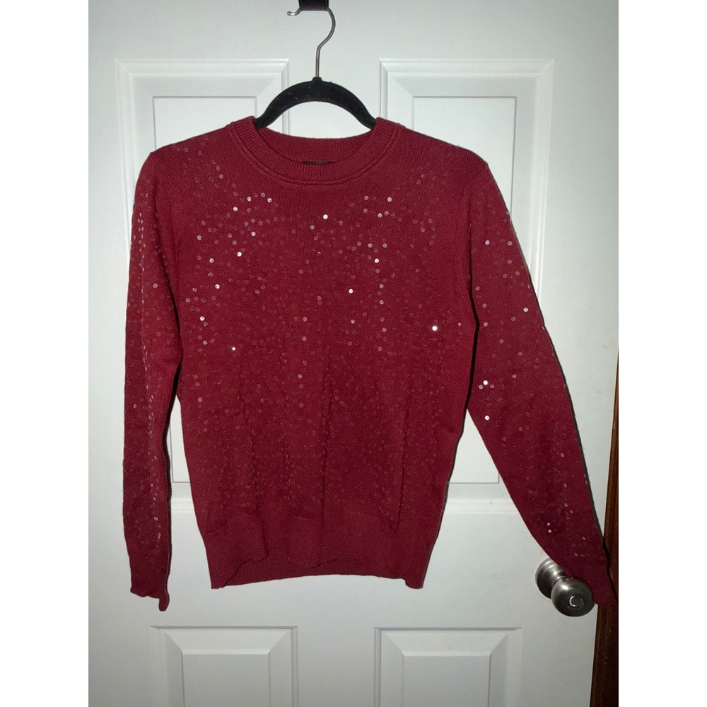 Minnie Rose Sequin Cotton Cashmere Crewneck Sweater Burgundy Red NWT Size M